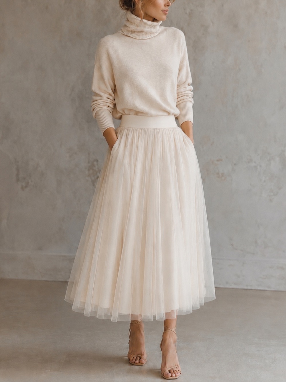 H&M Ivory Tulle Midi Skirt | Women’s 10 | Balletcore Romantic Layered Mesh Skirt